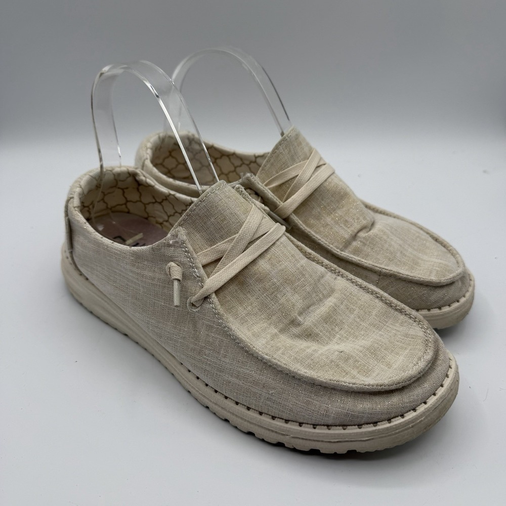 Hey Dude Wendy Shoesโ Womens Sz 8 Sparkling Gold Cream Slip On Loafers Comfort